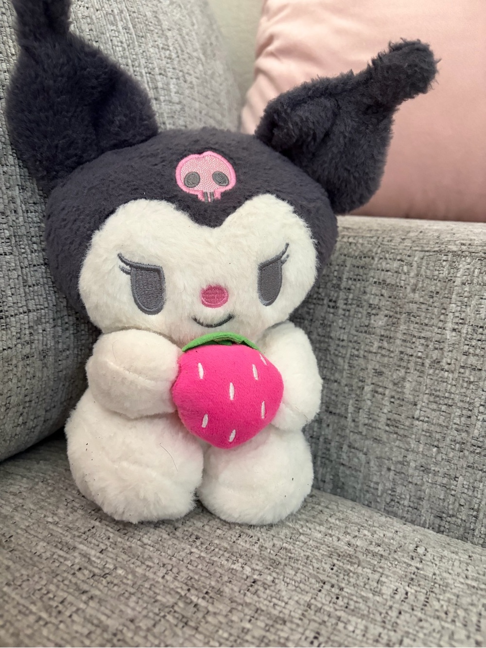 Sanrio Kuromi Plush with Pink Strawberry - Black, White, Pink
